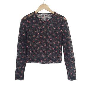 Madden Girl Juniors Black Floral Mesh Sheer Long Sleeve Top Size L Festival Rave